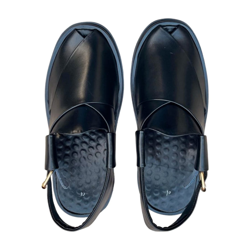 "Black Shine Round Peshawari Chappal – Premium Handmade Footwear"