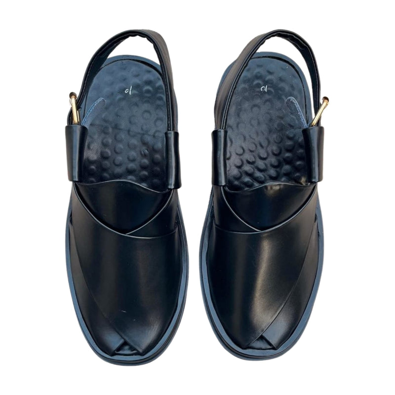 "Black Shine Round Peshawari Chappal – Premium Handmade Footwear"