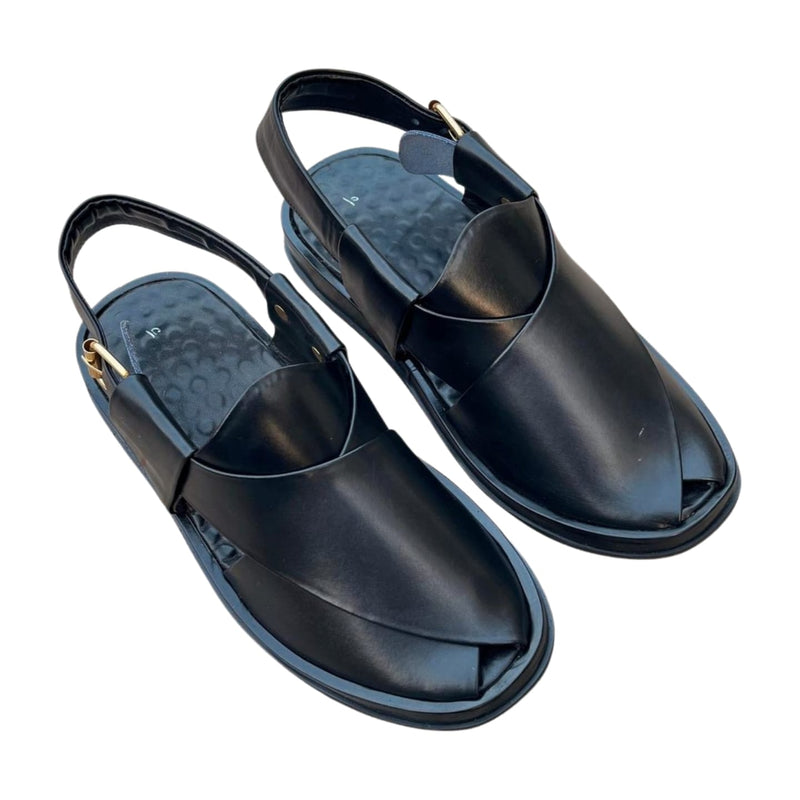 "Black Shine Round Peshawari Chappal – Premium Handmade Footwear"